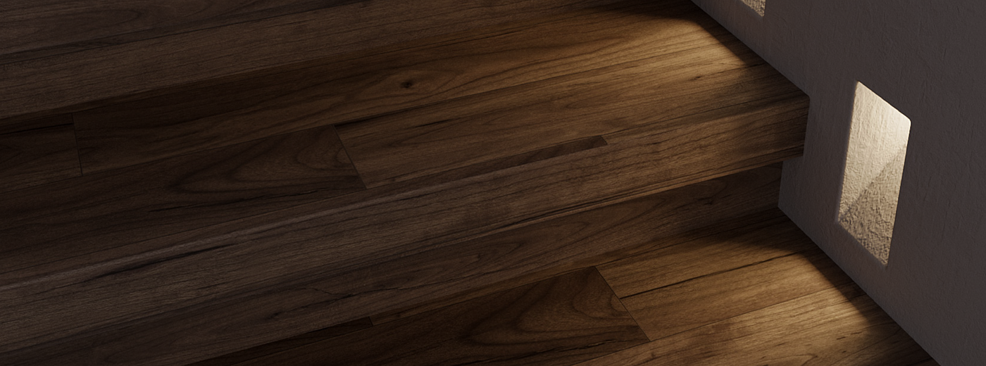 Close-up of a wooden step with a soft glow featuring the stair-and-step light.
