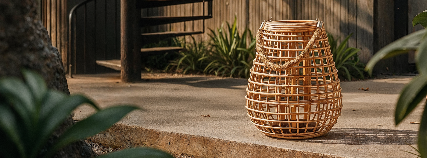 Akio Lantern on a concrete surface with plants around