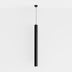 Black cylindrical pendant light with a sleek finish hanging from the ceiling against a white background.