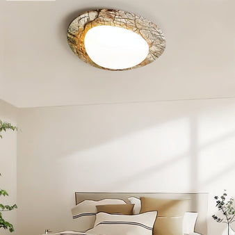 "Ceiling lamp mounted in bedroom, warm diffused lighting, natural travertine texture, modern decor"