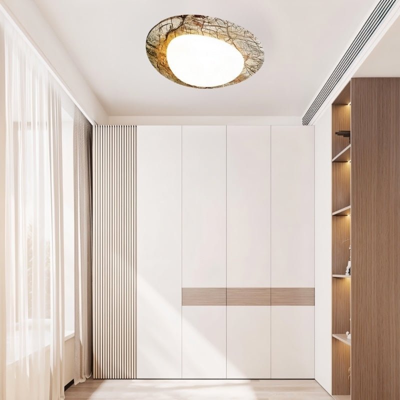"Ceiling lamp with natural travertine texture, warm glow in sunlit bedroom, modern organic design"