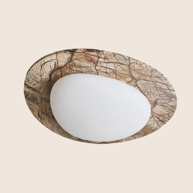 "Ceiling lamp illuminating wardrobe area, soft warm lighting, travertine finish, natural stone aesthetic"