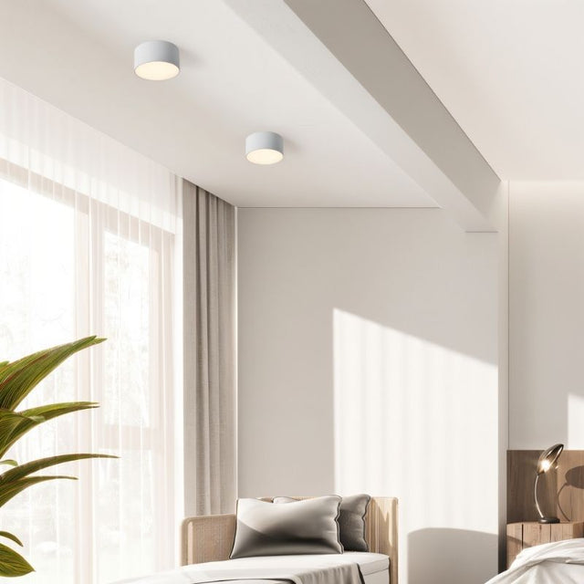 "Minimalist ceiling light in a modern living room with smooth clean lines, flush-mount design, and aluminum material, creating a stylish and functional lighting solution."