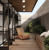 "Outdoor patio space illuminated by a flush-mount aluminum ceiling light, combining durability and elegance for a modern look."