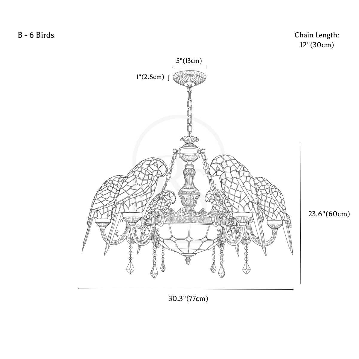 Glass Parrot Chandelier line drawing 2