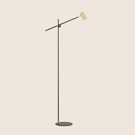 "Modern black steel floor lamp with an adjustable arm for focused lighting"