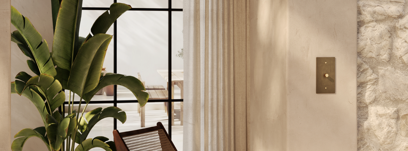 Decorative wall brass Dimmer Switch on a neutral wall with a plant and window in the background