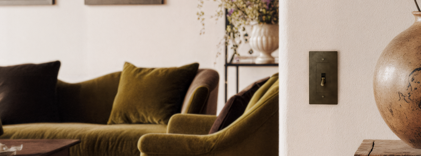 Decorative Brass Toggle Switch cover on a wall in a living room with flowers in the background