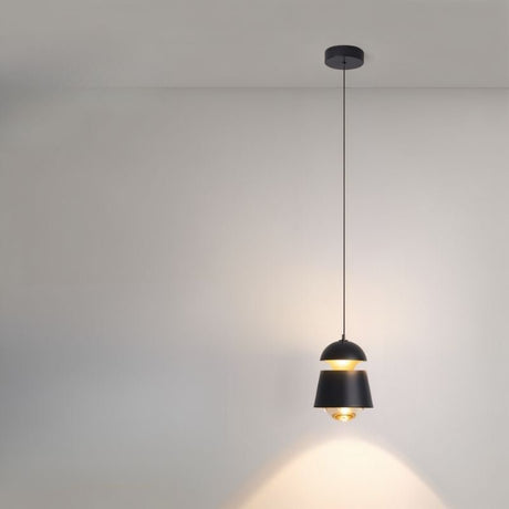 "Black pendant light with a unique design made of metal and glass, providing soft, ambient light for modern interiors."