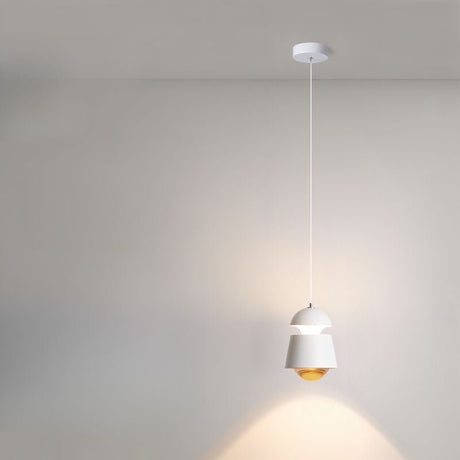 "White pendant light made of metal and glass, emitting a warm glow, perfect for brightening up any room."