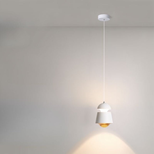 "White pendant light made of metal and glass, emitting a warm glow, perfect for brightening up any room."
