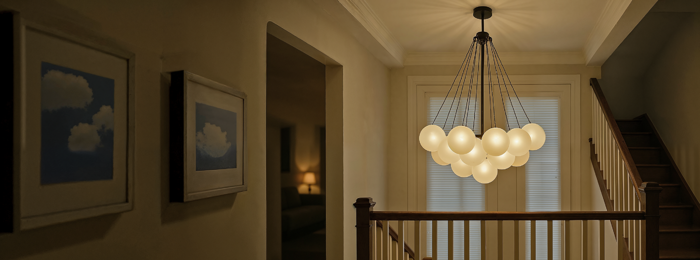 Foyer with Bubbles chandelier, framed pictures on the wall, and a staircase.
