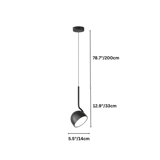 "Diagram showing the dimensions of a curved iron pendant light with a dome-shaped shade."