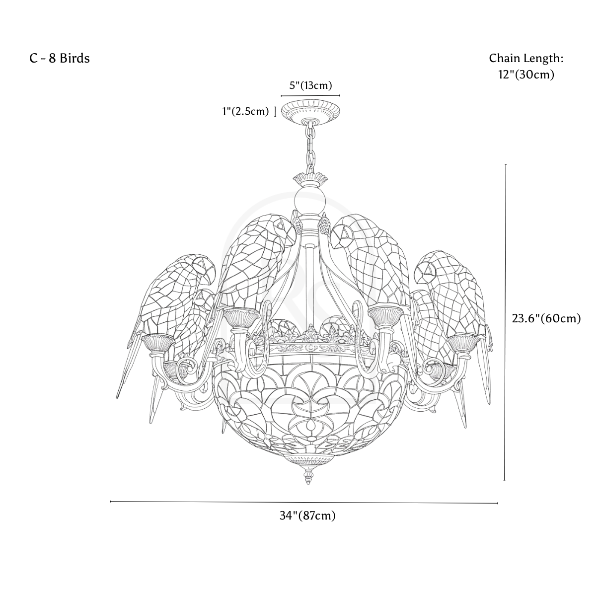 Glass Parrot Chandelier line drawing 3