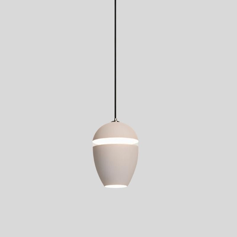 "White pendant light with aluminum and glass material, emitting soft ambient glow, perfect for modern interiors."