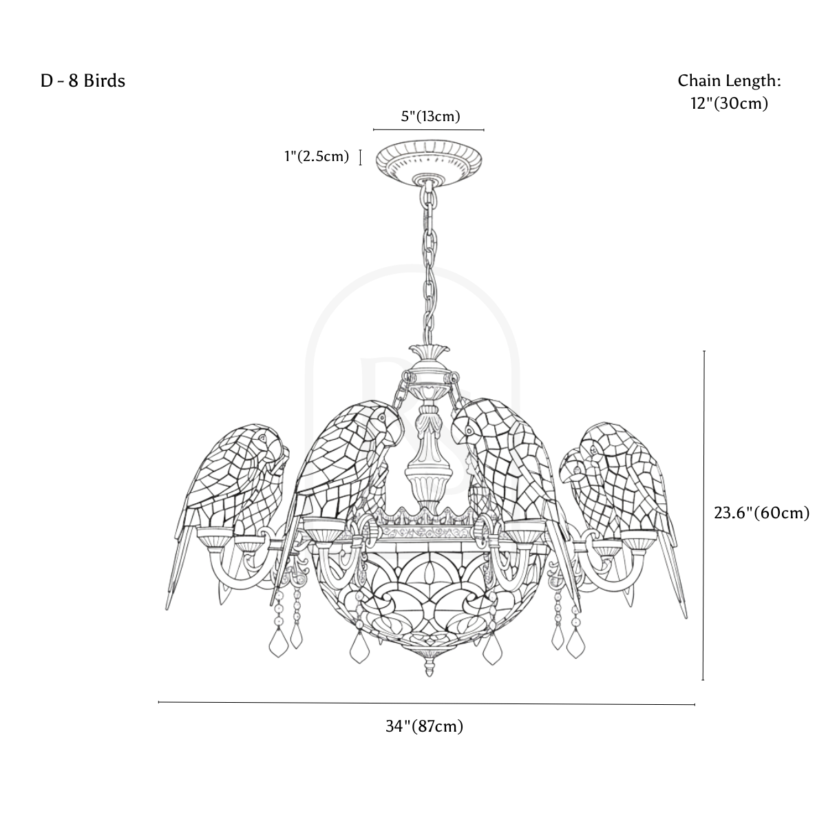Glass Parrot Chandelier line drawing 4