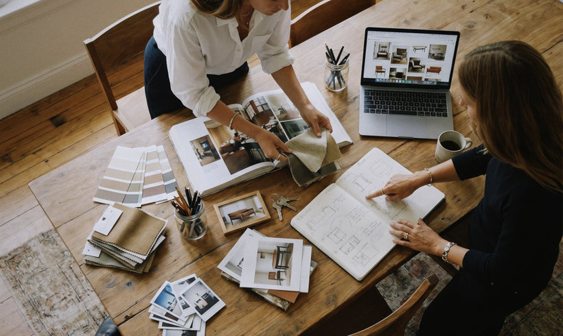Two designers reviewing samples and plans at a table