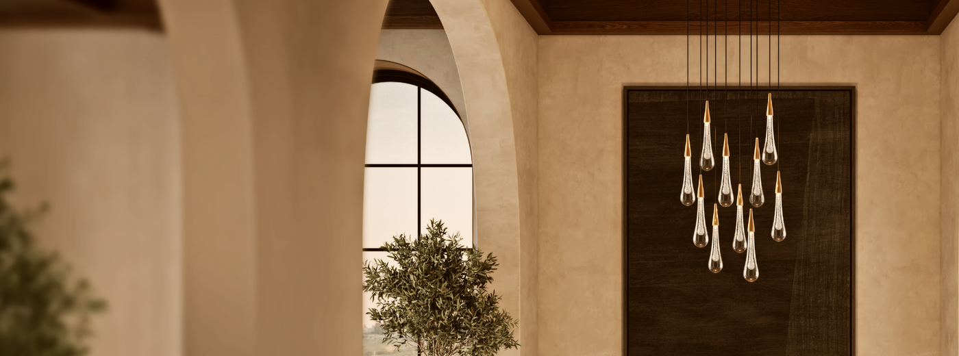 Modern Drop Pendant Light hanging in a room with architectural elements and plants.