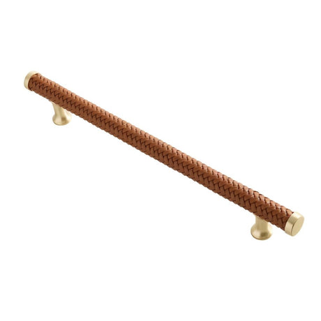 "Brown braided leather pull bar handle with gold accents, isolated on a white background."