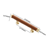 "Showing the dimensions of a brown braided leather pull bar handle with gold accents."