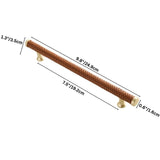 "Showing the dimensions of a brown braided leather pull bar handle with gold accents."