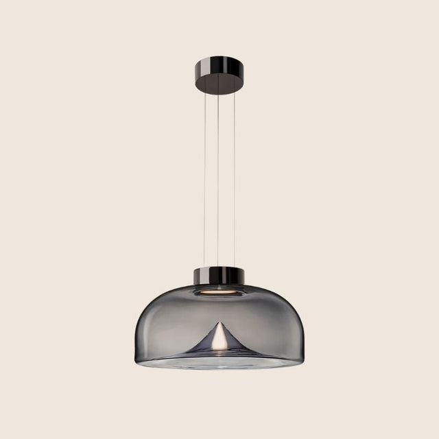 "Pendant light with a smoked glass shade and stone accent, offering ambient lighting for kitchens or dining."