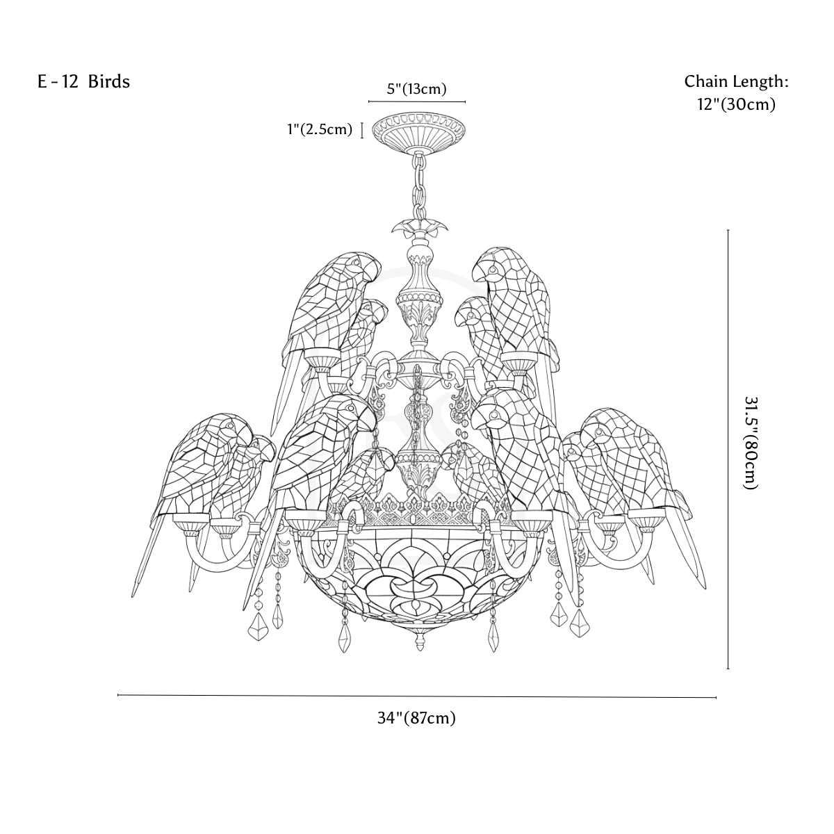 Glass Parrot Chandelier line drawing 5