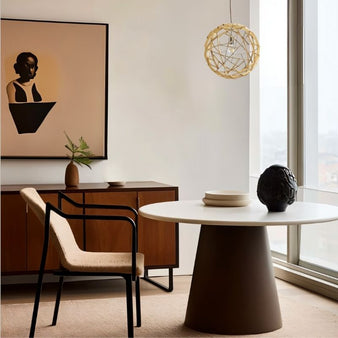 "Modern Pendant Light Hanging Above Dining Table, Wooden Geometric Design, Natural Warm Lighting"