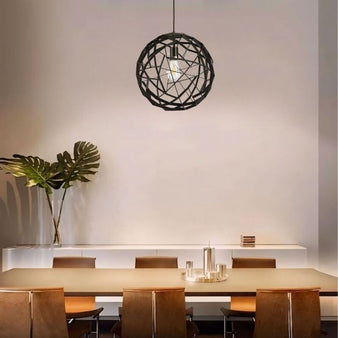 "Wooden Spherical Pendant Light, Geometric Pattern, Warm Light Ambiance, Dining Area Setting"