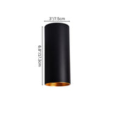 "Black aluminum ceiling light with golden interior, showing dimensions of 3 inches by 6.8 inches (7.5cm x 17.3cm), ideal for sleek lighting designs."