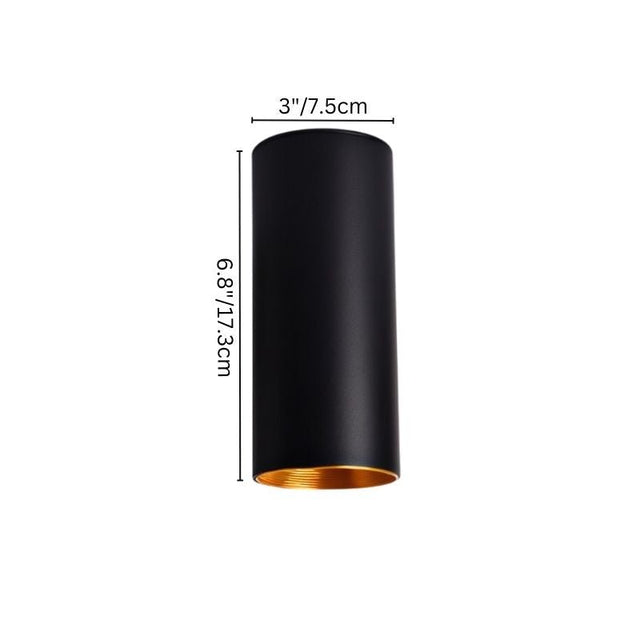 "Black aluminum ceiling light with golden interior, showing dimensions of 3 inches by 6.8 inches (7.5cm x 17.3cm), ideal for sleek lighting designs."