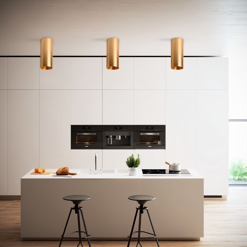 "Perfect for kitchens and dining rooms, this aluminum ceiling light provides focused downward illumination in a modern setting."
