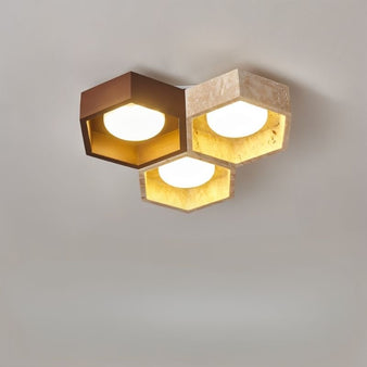 "Closeup angled view of ceiling lamp, showcasing travertine and walnut construction, diffused glow"