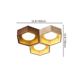 "Honeycomb ceiling lamp with dimensions, travertine and walnut construction, geometric design"