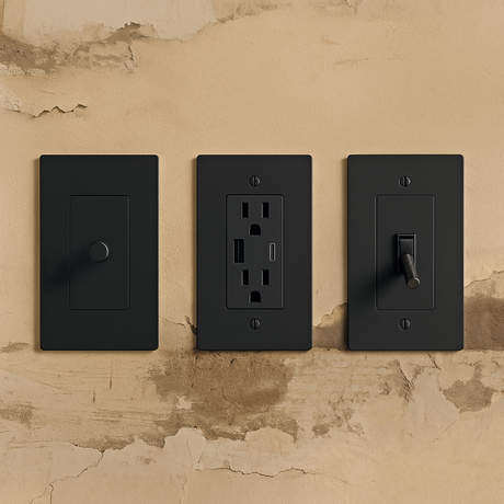A dimmer switch, a toggle switch and an electrical outlet on a beige wall with visible wear.