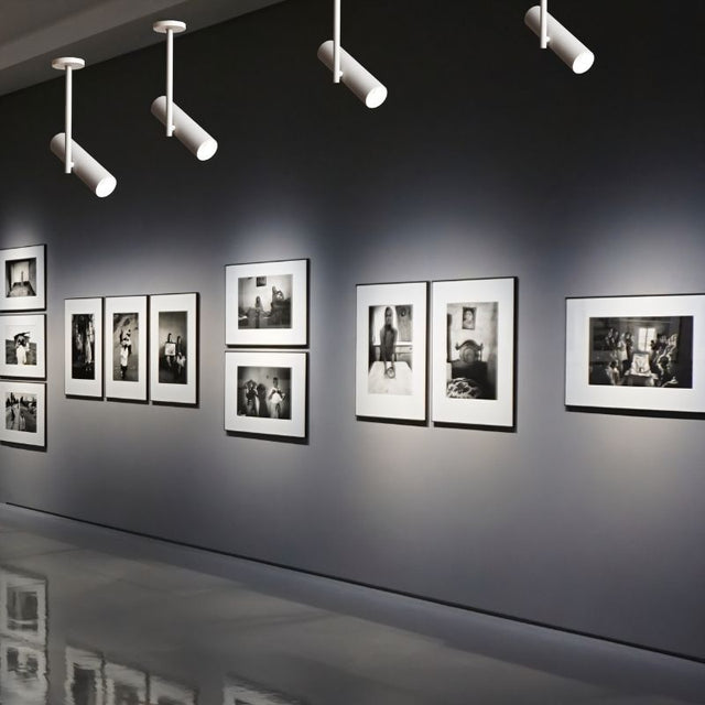 "Minimalist aluminum ceiling lights highlighting artwork in an art gallery with directional illumination"