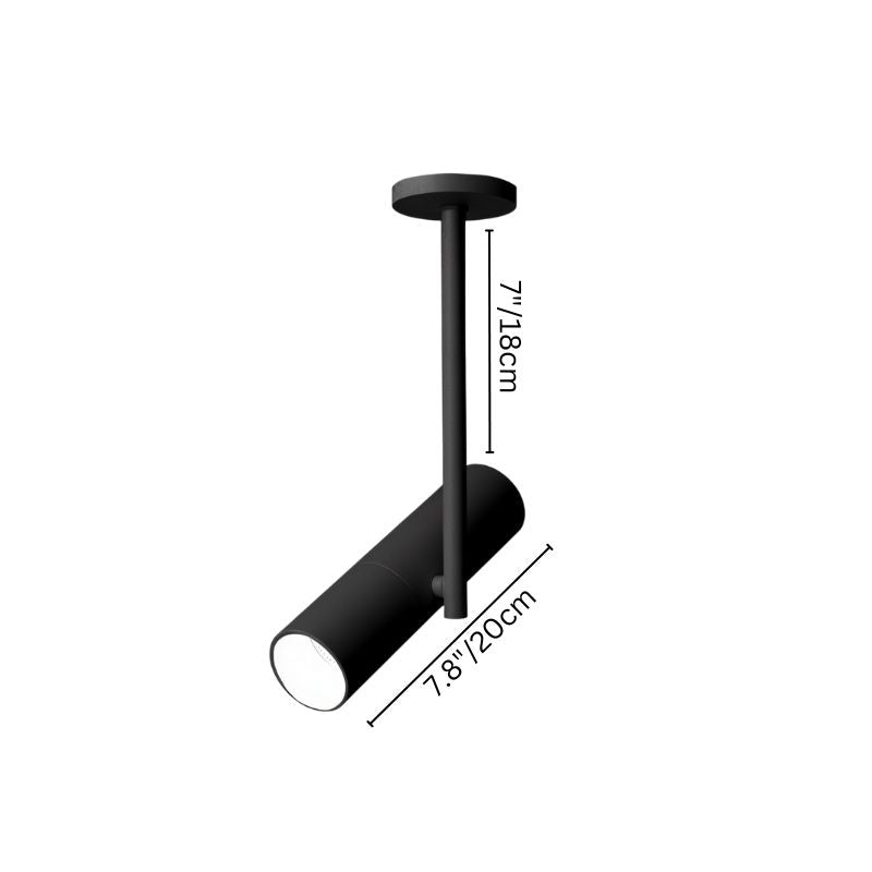 "Dimensional view of black cylindrical ceiling light fixture with precise measurements and minimalist design"