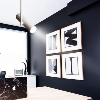 "Aluminum ceiling light in a modern home office, adjustable spotlight focused on framed artwork"