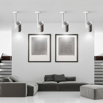 "Modern aluminum ceiling lights illuminating a contemporary living room, minimalist design, precise spotlight"