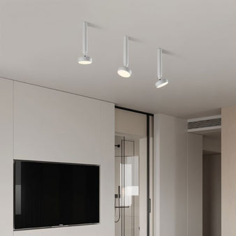 "Minimalist ceiling light in white finish, installed in a modern interior, durable aluminum material, and adjustable design."

