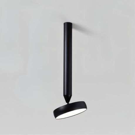 "Single black ceiling light with adjustable cylindrical head, minimalist design, aluminum construction, and contemporary appeal."