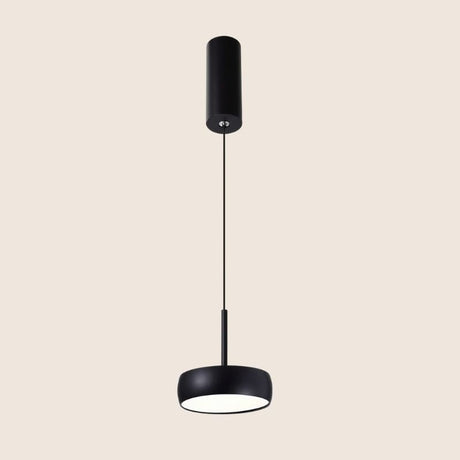 "Side view of black pendant light, cylindrical aluminum canopy, clean contemporary design"