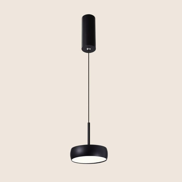 "Side view of black pendant light, cylindrical aluminum canopy, clean contemporary design"