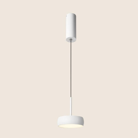 "White aluminum pendant light with cylindrical canopy, minimalist design, clean contemporary look"