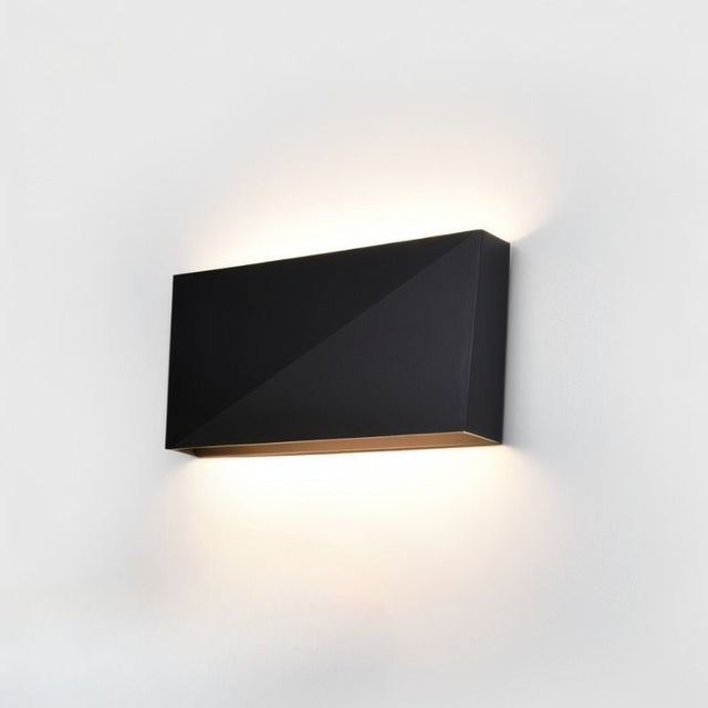 "sleek matte black wall lamp, aluminum material, geometric angular design, soft ambient light for modern interiors"