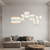 "white wall lamps in modern living space, aluminum material, geometric shape, ambient light for contemporary decor"