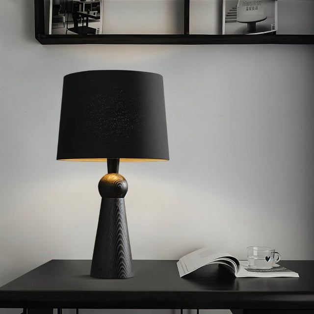"Wooden base with fabric shade, stylish and modern table lamp, ideal for desks or tables, crafted from high-quality wood and fabric."