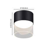 "A black cylindrical ceiling light with a glass shade, shown with dimensions of 4 inches width and 4.5 inches height, perfect for adding a modern touch to any room."