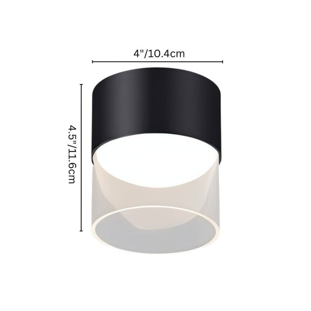 "A black cylindrical ceiling light with a glass shade, shown with dimensions of 4 inches width and 4.5 inches height, perfect for adding a modern touch to any room."
