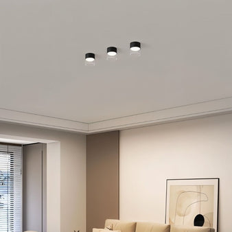 "Three black cylindrical Hafra ceiling lights installed in a room, offering bright and even illumination, with a contemporary design featuring aluminum and glass construction."